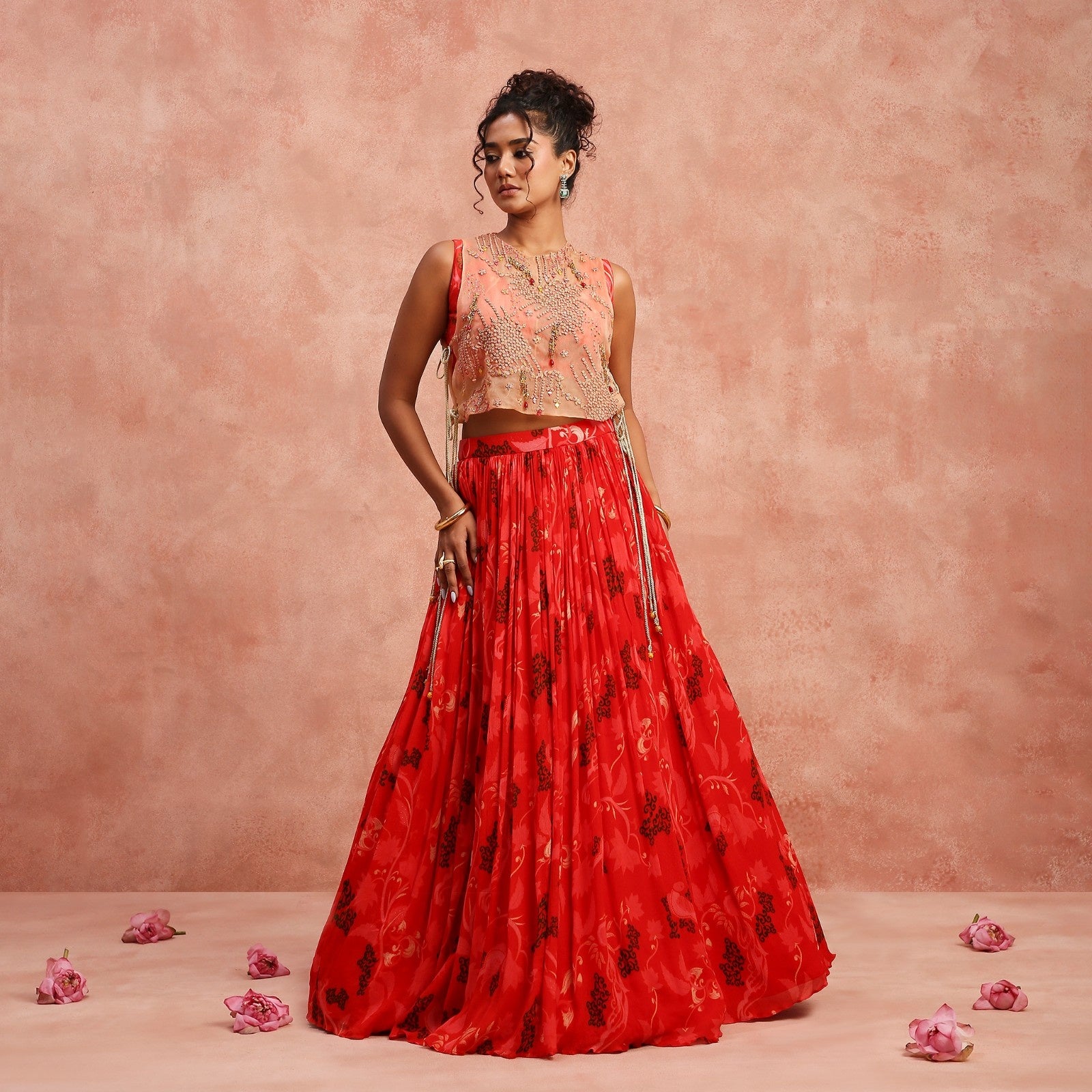 Red Light lehenga With Short-cut Bib – Sanchi Arora
